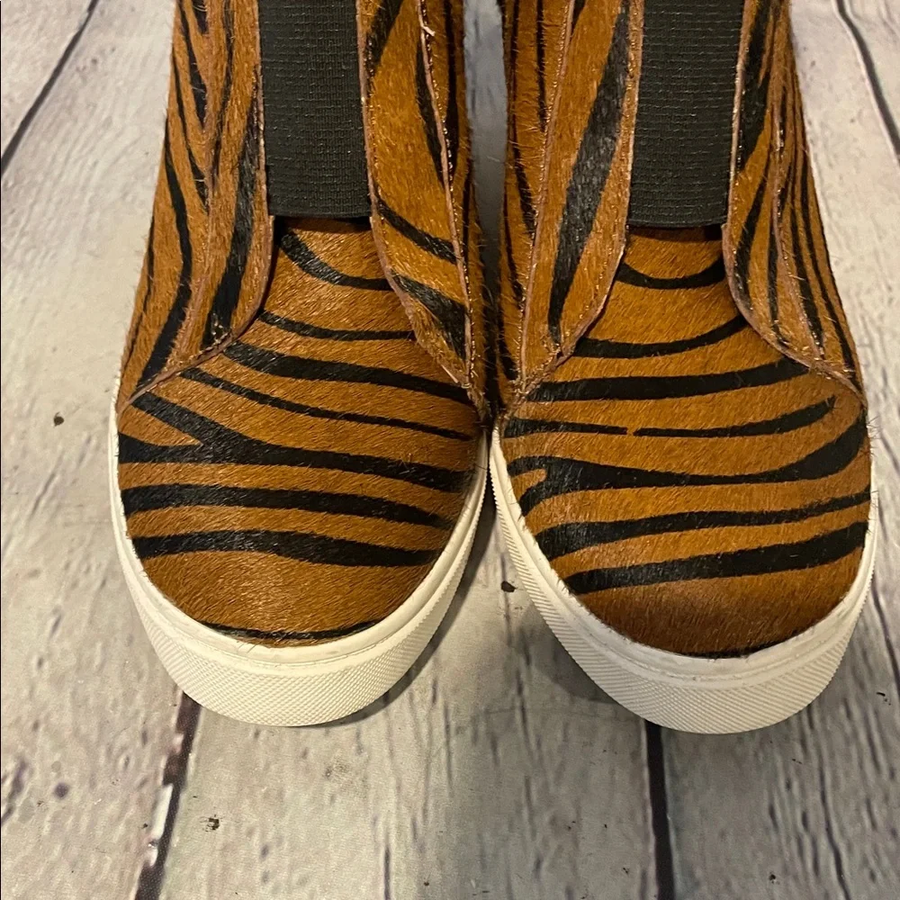 Paolo Zebra Stripe Brown and Black Calf Hair Wedges Size 5.5